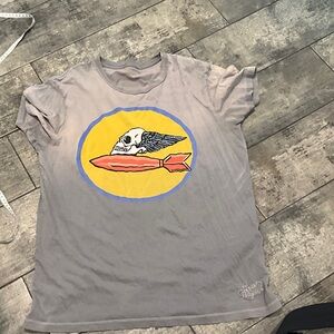 True Religion Gray Tee with Skull and Rocket Design